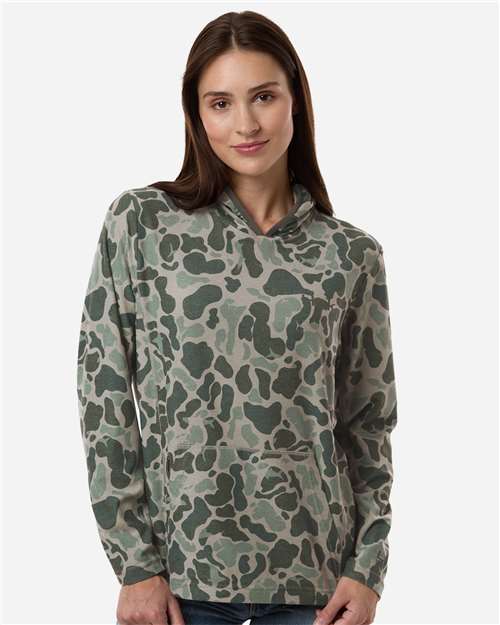 HUK H6130037 Women's Coldfront+ KC Print Hooded Sweatshirt - Volcanic Ash - model front