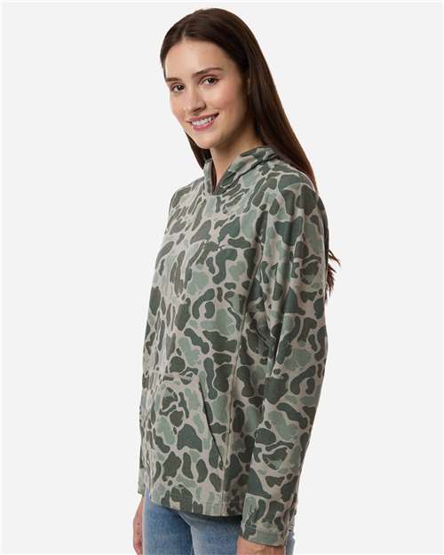 HUK H6130037 Women's Coldfront+ KC Print Hooded Sweatshirt - Volcanic Ash - model side