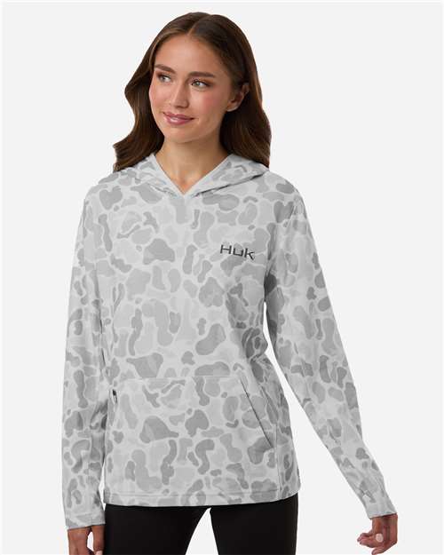 HUK H6130037 Women's Coldfront+ KC Print Hooded Sweatshirt - White - model front