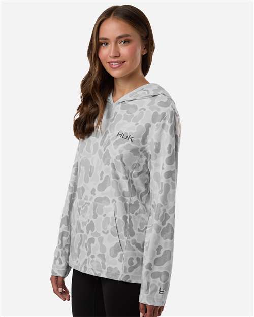HUK H6130037 Women's Coldfront+ KC Print Hooded Sweatshirt - White - model side