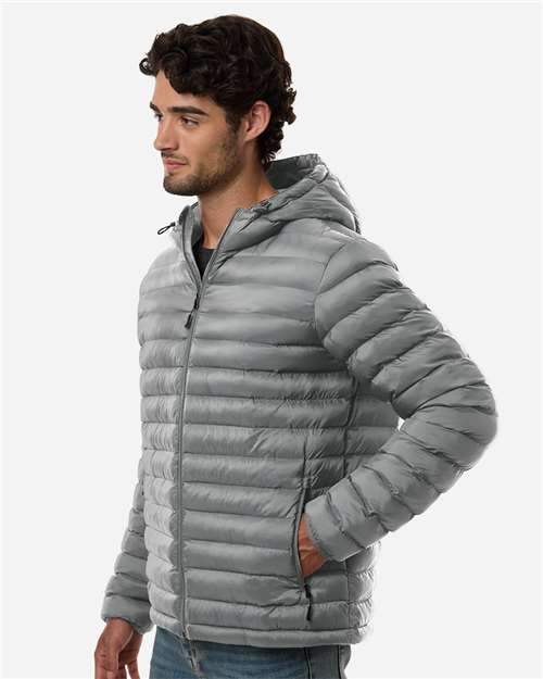 Weatherproof 26715 Men's Lightweight Poly-filled Hooded Puffer Jacket - Chelsea Grey - model side