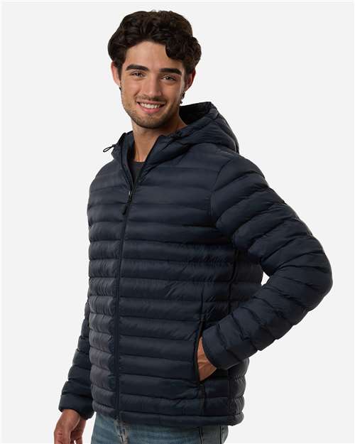 Weatherproof 26715 Men's Lightweight Poly-filled Hooded Puffer Jacket - Stormy Night - model side