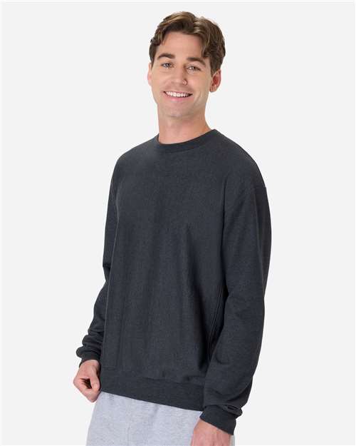 Hanes OG600 Unisex Beefy Sweats Premium Heavyweight Crewneck Sweatshirt - Charcoal Heather - model side