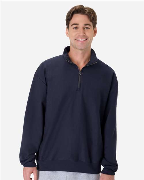 Hanes OG900 Men's Beefy Sweats Premium Heavyweight Quarter-Zip Sweatshirt - Athletic Navy - model front