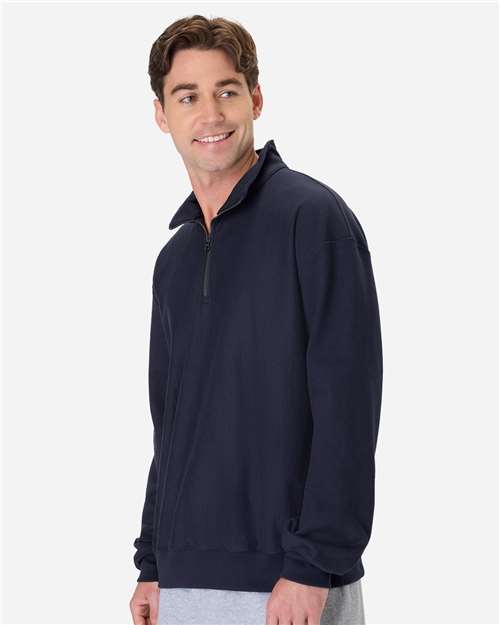 Hanes OG900 Men's Beefy Sweats Premium Heavyweight Quarter-Zip Sweatshirt - Athletic Navy - model side