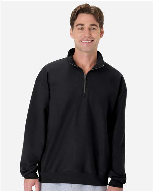 Hanes OG900 Men's Beefy Sweats Premium Heavyweight Quarter-Zip Sweatshirt - Black - model front