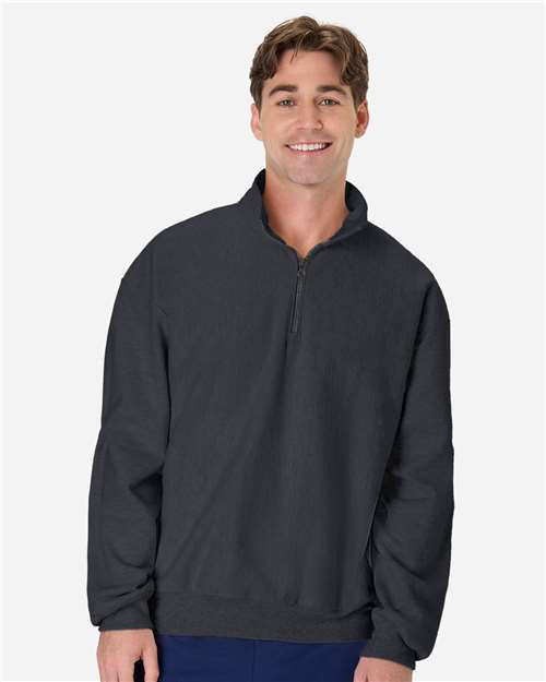 Hanes OG900 Men's Beefy Sweats Premium Heavyweight Quarter-Zip Sweatshirt - Charcoal Heather - model front
