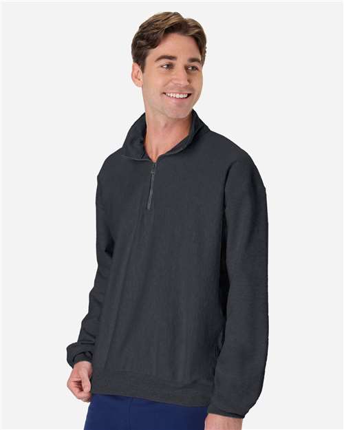 Hanes OG900 Men's Beefy Sweats Premium Heavyweight Quarter-Zip Sweatshirt - Charcoal Heather - model side