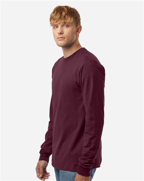 Tultex 202LS Unisex Fine Jersey Long Sleeve T-Shirt - Burgundy - model side