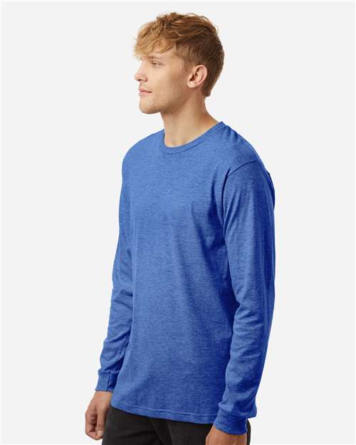 Tultex 202LS Unisex Fine Jersey Long Sleeve T-Shirt - Heather Royal - model side