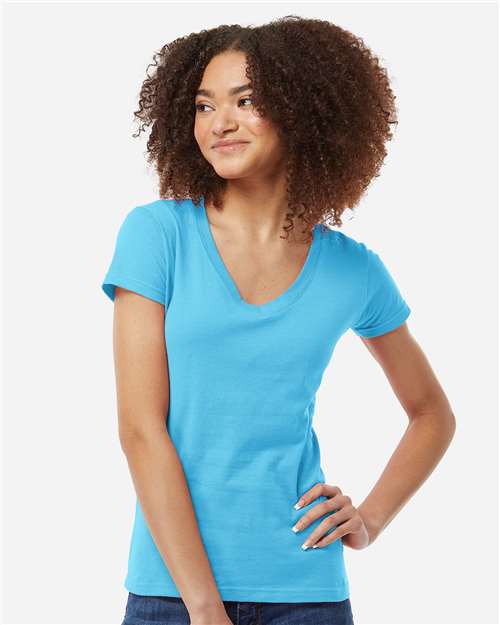 Tultex 214 Women's Fine Jersey V-Neck T-Shirt - Aqua - model front