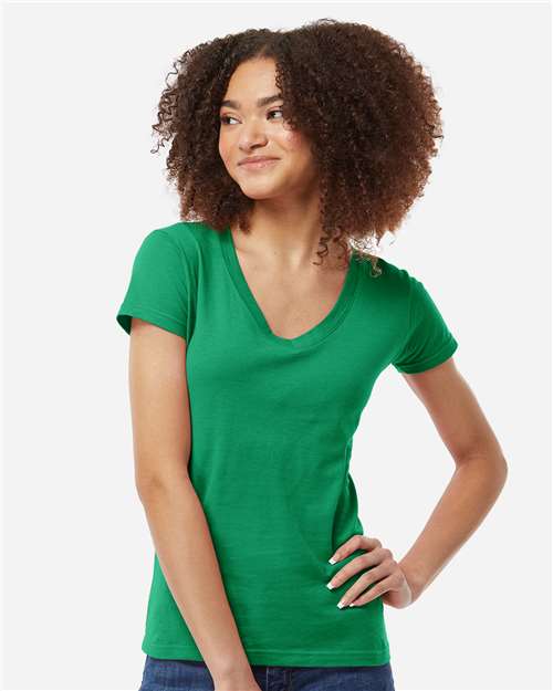 Tultex 214 Women's Fine Jersey V-Neck T-Shirt - Kelly Green - model front