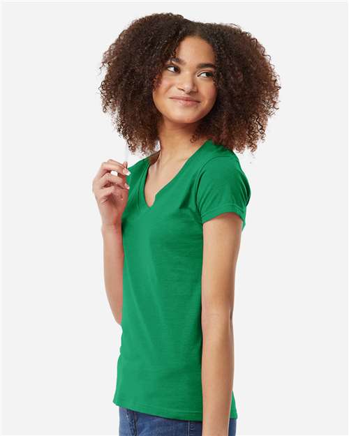 Tultex 214 Women's Fine Jersey V-Neck T-Shirt - Kelly Green - model side