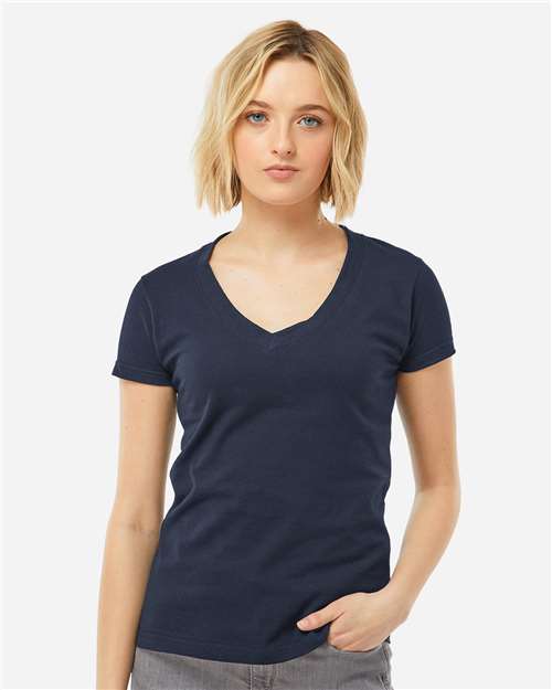 Tultex 214 Women's Fine Jersey V-Neck T-Shirt - Navy - model front