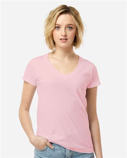 Tultex 214 Women's Fine Jersey V-Neck T-Shirt - Pink - model front