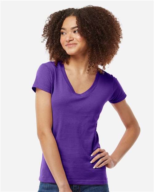 Tultex 214 Women's Fine Jersey V-Neck T-Shirt - Purple - model front