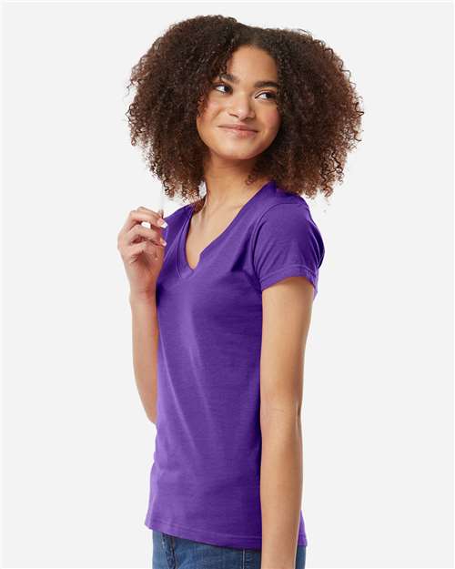 Tultex 214 Women's Fine Jersey V-Neck T-Shirt - Purple - model side