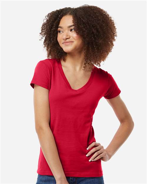 Tultex 214 Women's Fine Jersey V-Neck T-Shirt - Red - model front
