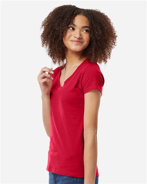 Tultex 214 Women's Fine Jersey V-Neck T-Shirt - Red - model side