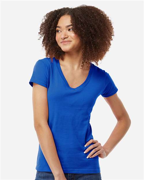Tultex 214 Women's Fine Jersey V-Neck T-Shirt - Royal - model front