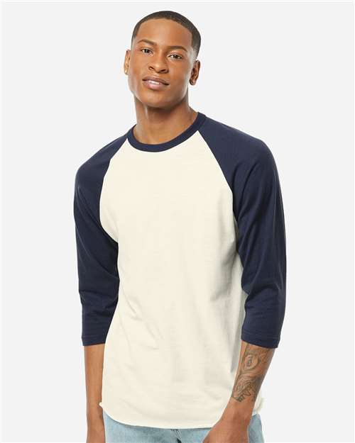 Tultex 245 Unisex Fine Jersey Raglan T-Shirt - Vintage White/ Navy - model front