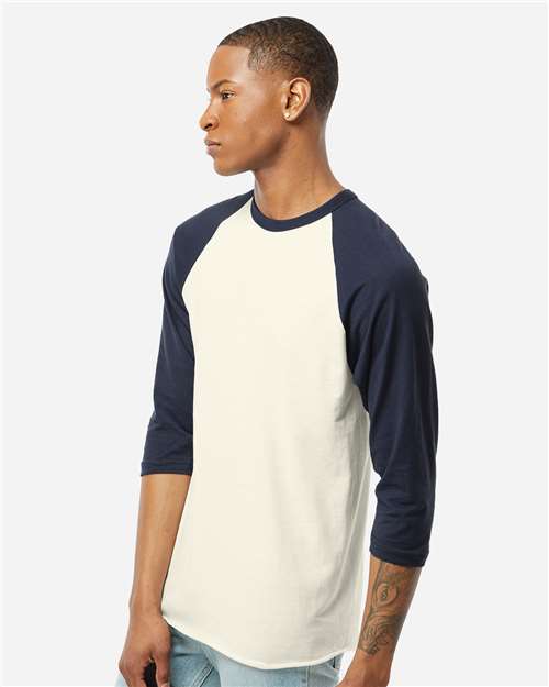 Tultex 245 Unisex Fine Jersey Raglan T-Shirt - Vintage White/ Navy - model side
