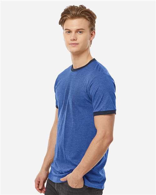 Tultex 246 Unisex Fine Jersey Ringer T-Shirt - Heather Royal/ Navy - model side