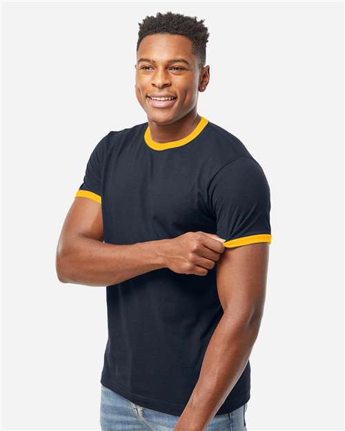 Tultex 246 Unisex Fine Jersey Ringer T-Shirt - Navy/ Gold - model side