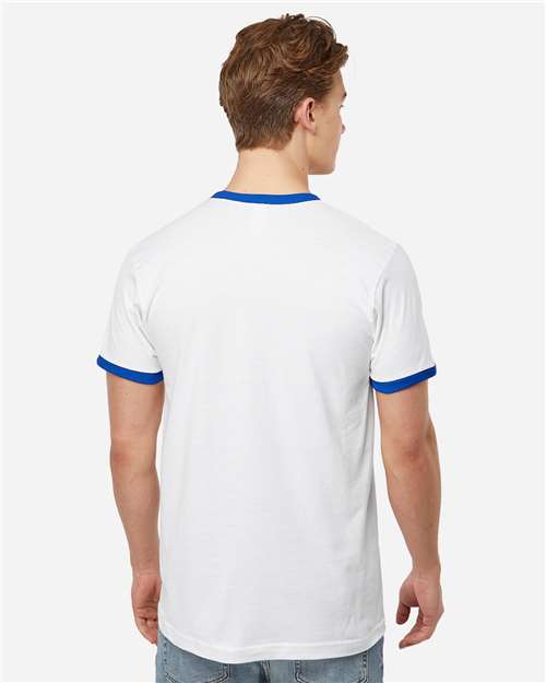 Tultex 246 Unisex Fine Jersey Ringer T-Shirt - White/ Royal - model back