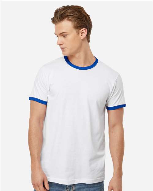 Tultex 246 Unisex Fine Jersey Ringer T-Shirt - White/ Royal - model front
