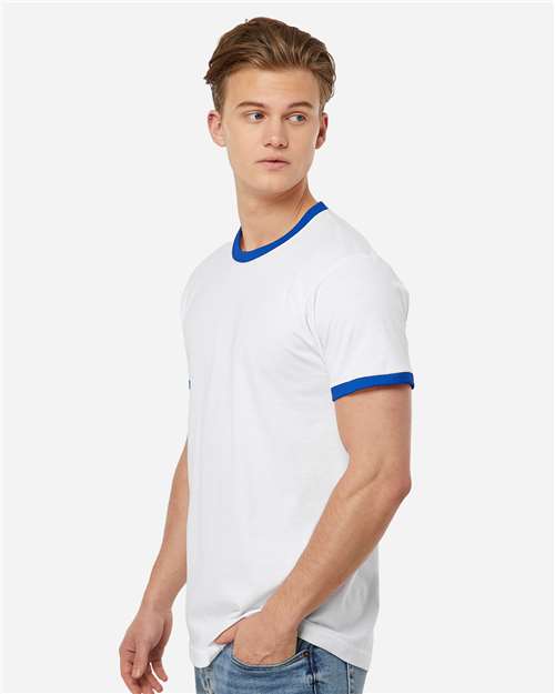 Tultex 246 Unisex Fine Jersey Ringer T-Shirt - White/ Royal - model side