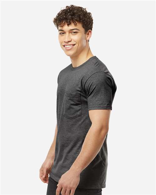 Tultex 293 Unisex Heavyweight Jersey Pocket T-Shirt - Heather Charcoal - model side