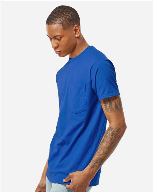 Tultex 293 Unisex Heavyweight Jersey Pocket T-Shirt - Royal - model side