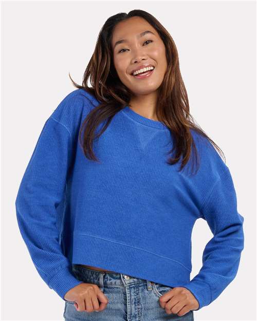 Boxercraft BW5102 Women's Ribbed Knit Cropped Boxy Crew - Electric Royal - model front