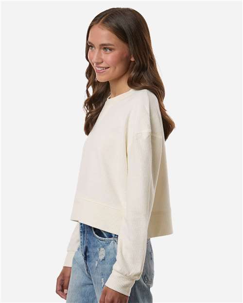 Boxercraft BW5102 Women's Ribbed Knit Cropped Boxy Crew - Natural - model side