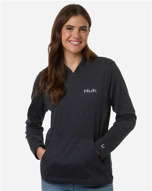 HUK H6130023 Women's Coldfront+ Hooded Sweatshirt - Heather Black - model front