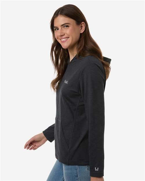 HUK H6130023 Women's Coldfront+ Hooded Sweatshirt - Heather Black - model side