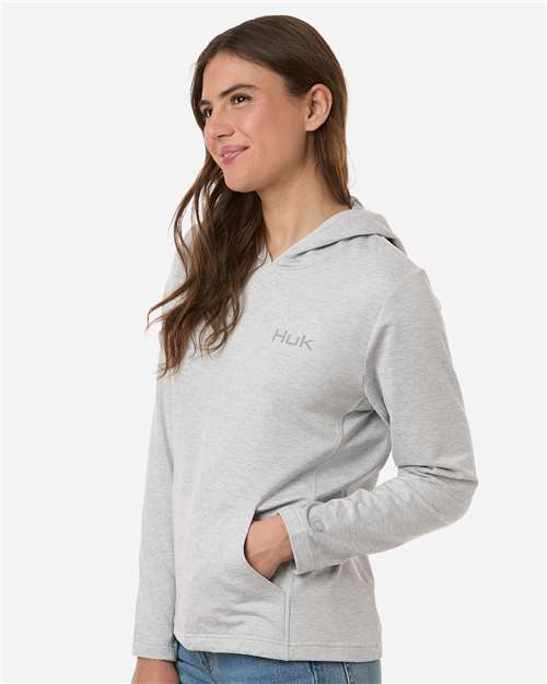 HUK H6130023 Women's Coldfront+ Hooded Sweatshirt - Harbor Mist Heather - model side