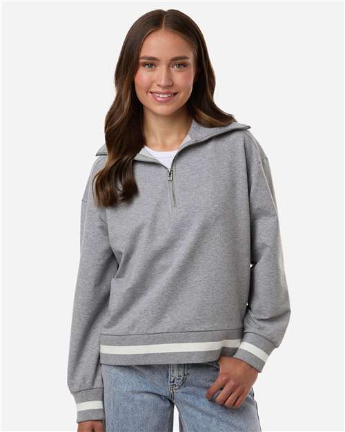 Holloway 223782 Women's Heritage Prep Quarter-Zip Pullover - Athletic Heather/ Vanilla - model front