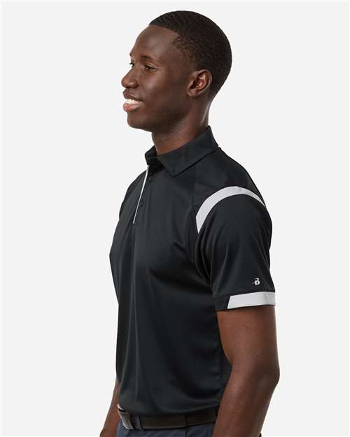 Badger 3350 Unisex On the Rise Polo - Black/ White - model side