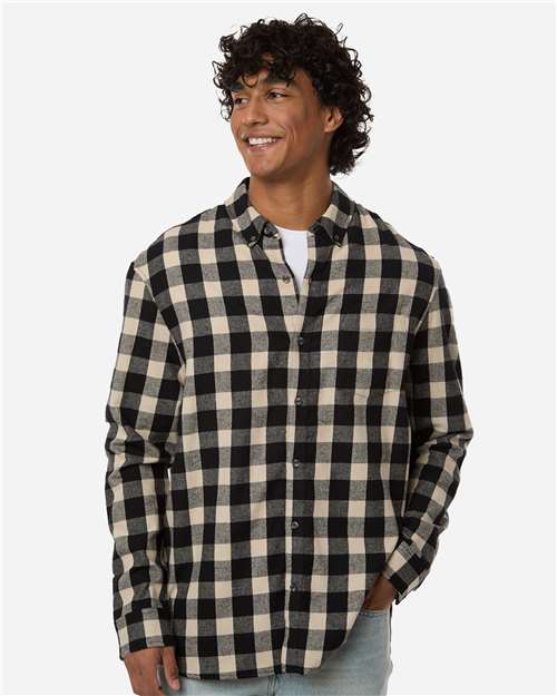 Boxercraft BU7401 Men's Flannel Button Down Shirt - Black/ Ecru Buffalo Plaid - model front