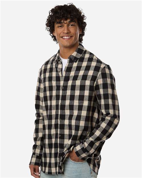 Boxercraft BU7401 Men's Flannel Button Down Shirt - Black/ Ecru Buffalo Plaid - model side