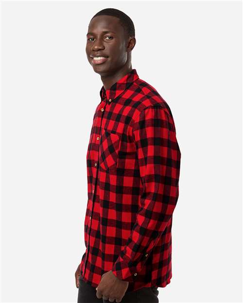 Boxercraft BU7401 Men's Flannel Button Down Shirt - Red/ Black Buffalo - model side