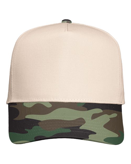 Valucap 8869 Five-Panel Twill Cap - Natural/ Camo Green - front