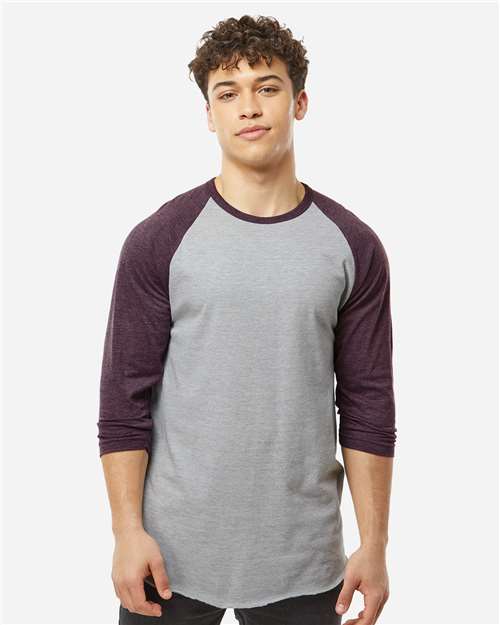 Tultex 245 Unisex Fine Jersey Raglan T-Shirt - Heather Grey/ Heather Maroon - model front