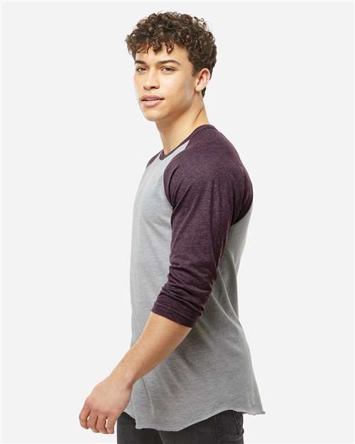 Tultex 245 Unisex Fine Jersey Raglan T-Shirt - Heather Grey/ Heather Maroon - model side