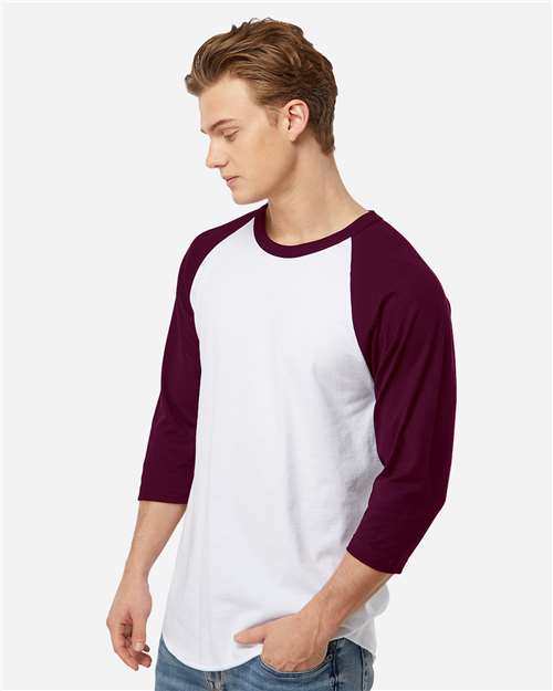 Tultex 245 Unisex Fine Jersey Raglan T-Shirt - White/ Maroon - model side