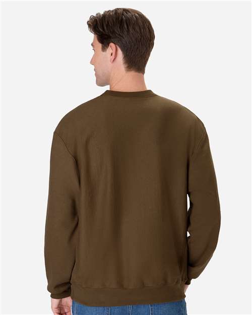 Hanes OG600 Unisex Beefy Sweats Premium Heavyweight Crewneck Sweatshirt - Army Brown - model back