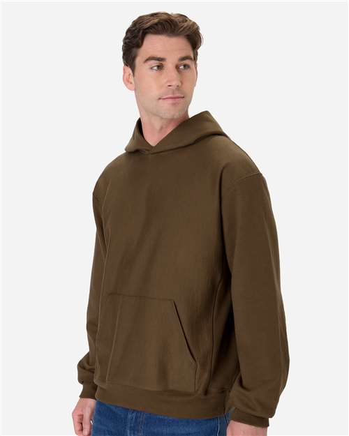 Hanes OG700 Unisex Beefy Sweats Premium Heavyweight Hooded Sweatshirt - Army Brown - model side