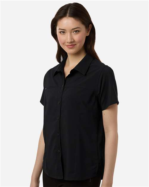 Core 365 CE520W Women's UltraUVP Shoreline Short Sleeve Staff Shirt - Black - model side